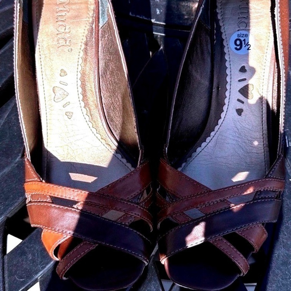 Mudd Zeona Brown Multi Strappy Peep Toe Stiletto Pumps Heels Womens Y2K  9.5 M